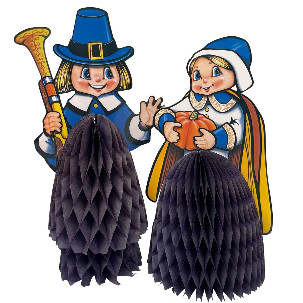 Vintage Beistle Thanksgiving Pilgrim Boy Girl Decorations Honeycomb 1984